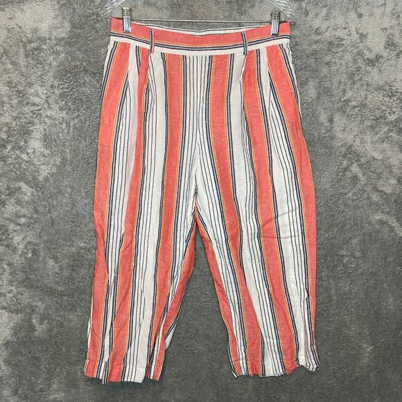 Tommy Hilfiger Women Retro Striped Coastal Preppy Linen Blend Cropped Pant S - Picture 1 of 11